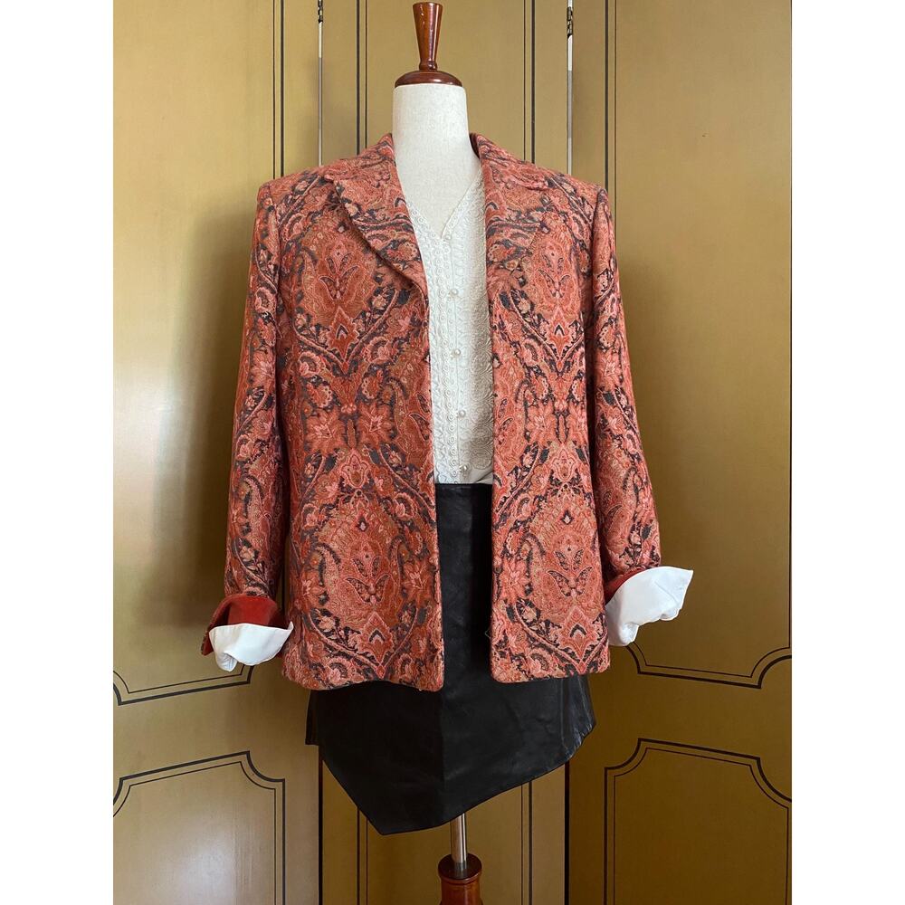 Vintage woven jacket in burnt orange and green, size 14
